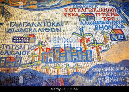 Jordan River area di Madaba Mappa Mosaico, Chiesa greco-ortodossa di San Geoerge, Madaba, Giordania Foto Stock