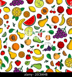 Frutta e bacche sfondo senza cuciture. Carta da parati con icone vettoriali di mela, fragola, arancia, uva, limone, banana, melograno, albicocca, Illustrazione Vettoriale