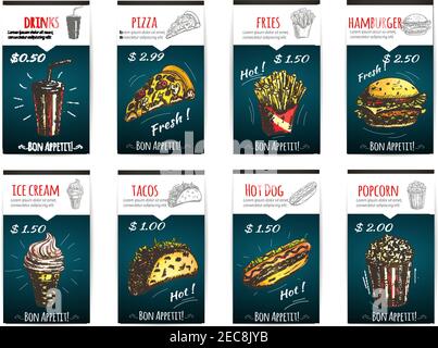 Poster dei menu fast food con descrizione ed etichetta dei prezzi. Icone di disegno colore di bevande analcoliche, pizza, patatine fritte, hamburger, gelato, tacos, hot dog, popcor Illustrazione Vettoriale