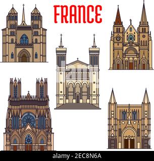 Visita i monumenti storici dell'icona dell'architettura gotica francese con la Chiesa lineare di Saint-Nizier, la Basilica di Fourviere, la Cattedrale di Reims, la Digione cattolica romana Illustrazione Vettoriale