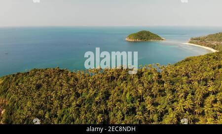 Vista aerea del drone piccola isola di Koh ma, Ko Phangan Thailandia. Paesaggio panoramico della costa esotica, spiaggia di Mae Haad, giorno d'estate. Percorso sabbioso tra coralli. V Foto Stock