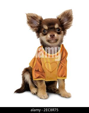 Cute chihuahua, in posizione frontale, seduta, con una t-shirt arancione e gialla. Pittura Foto Stock