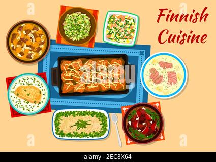 Cucina finlandese piatti a base di pesce e carne icona con salmone fritto, aringhe e forshmak di patate, zuppa di salmone cremosa, stufato di carne di karelia, carne di renna stagionata, Illustrazione Vettoriale