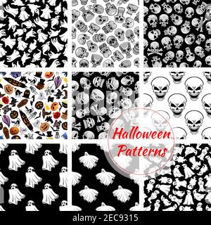 Halloween senza cuciture motivi decorazione set. Modello vettoriale di fantasmi di fogli di letto volanti, teschi con crossbone. Halloween celebrazione cartoon simboli o Illustrazione Vettoriale