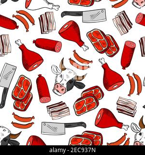 Tagli di carne fresca e macellaio modello senza cuciture con salsiccia, bistecca di manzo, prosciutto, pancetta, testa di vacca e coltello macellaio. Butchery, progettazione di allevamento Illustrazione Vettoriale