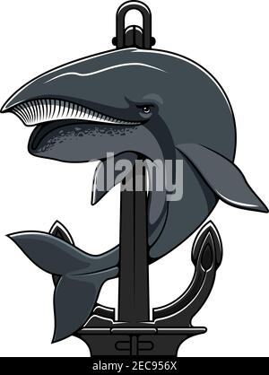 Balena di Cachalot e scudo di ancoraggio. Icona araldica nautica per t-shirt, scudo mascotte per squadre sportive Illustrazione Vettoriale
