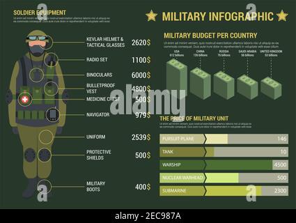 Modello poster infografico militare. Grafici, diagrammi e grafici relativi a budget, spese e attrezzature per soldato. Figure, numeri, icone vettoriali a del rapporto militare Illustrazione Vettoriale