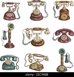 Vecchi telefoni retrò vintage con ricevitori, quadranti, fili. Icone di schizzo Illustrazione Vettoriale