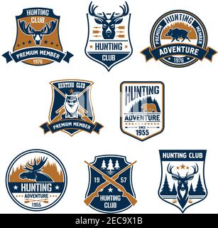 Set di icone di club di caccia. Vector Hunt sport emblemi ed etichette con animali, cinghiali, cervi, alci, orsi, antlers, gufo, fucili, frecce, foreste. Hunter premiu Illustrazione Vettoriale