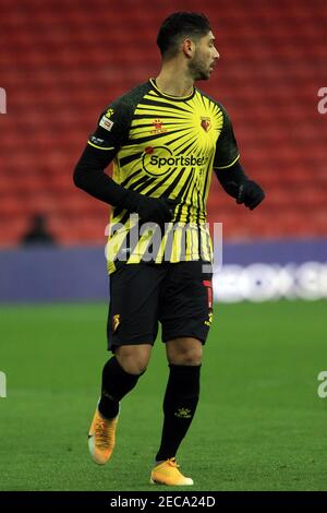 Watford, Regno Unito. 13 Feb 2021. Achraf Lazaar di Watford in azione durante il gioco. EFL Skybet Championship, Watford contro Bristol City al Vicarage Road Stadium di Watford sabato 13 febbraio 2021. Questa immagine può essere utilizzata solo per scopi editoriali. Solo per uso editoriale, è richiesta una licenza per uso commerciale. Nessun utilizzo nelle scommesse, nei giochi o nelle pubblicazioni di un singolo club/campionato/giocatore. pic by Steffan Bowen/Andrew Orchard sports photography/Alamy Live news Credit: Andrew Orchard sports photography/Alamy Live News Foto Stock