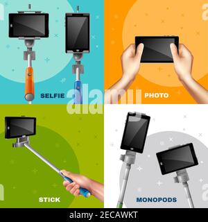 Scattare foto al telefono con il concetto di bastone selfie monopod illustrazione vettoriale realistica isolata Illustrazione Vettoriale