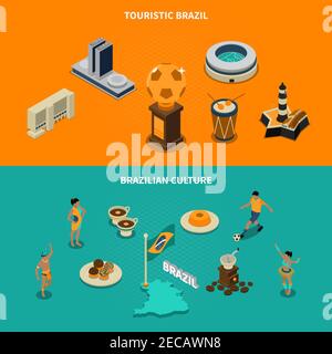 Banner isometrici orizzontali Brasile turistico con simboli culturali isolati illustrazione vettoriale Illustrazione Vettoriale