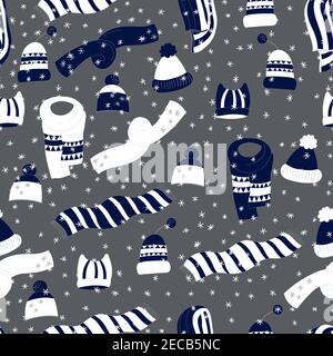 Modello invernale senza cuciture con accessori invernali: Cappelli e sciarpe su sfondo grigio. Cute vettore inverno caldo tessuti in stile cartone animato Illustrazione Vettoriale
