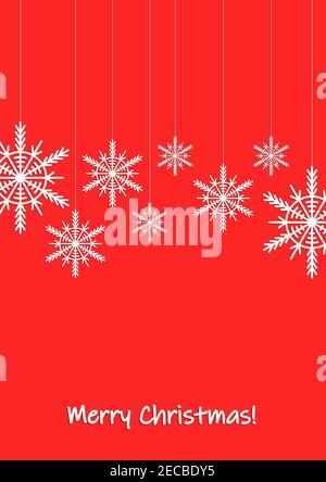 Buon Natale, festa, biglietto d'auguri e di invito per la celebrazione, banner, cornice, intestazione, cartolina. Modello di layout. Fiocchi di neve bianchi su rosso Illustrazione Vettoriale