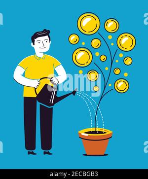 Uomo d'affari versa l'acqua da annaffiatura può su albero di soldi. Denaro, illustrazione vettoriale di concetto di business Illustrazione Vettoriale