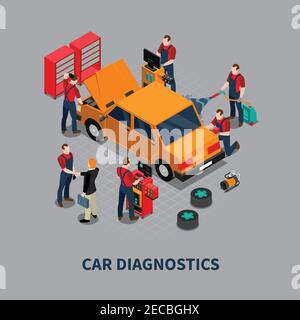 Diagnostica auto e centro di riparazione meccanica di prova del veicolo immagine vettoriale del poster di sfondo grigio della composizione isometrica Illustrazione Vettoriale