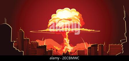 Esplosione nucleare tappo nuvola di funghi arancio brillante in città illustrazione vettoriale astratta del poster retrospettiva del centro Illustrazione Vettoriale