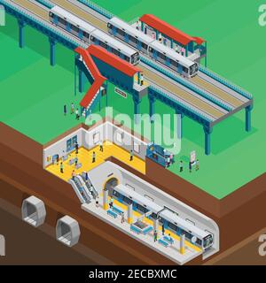 Composizione sotterranea con platea di persone e vettore isometrico biglietti illustrazione Illustrazione Vettoriale