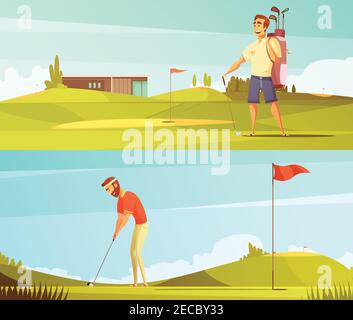 Giocatori di golf al campo 2 orizzontale retro cartoni animati set con indicatore rosso a pin isolato, illustrazione vettoriale Illustrazione Vettoriale