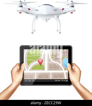 Quadrocopter con telecomando con fotocamera e tablet con supporto per le mani concetto di design dell'app di navigazione in un'illustrazione vettoriale di stile realistico Illustrazione Vettoriale