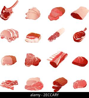 Icone di prodotti a base di carne con costolette di salsiccia e filetto piatto illustrazione vettoriale isolata Illustrazione Vettoriale