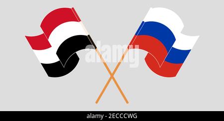 Bandiere incrociate e sventolanti dello Yemen e della Russia. Illustrazione vettoriale Illustrazione Vettoriale
