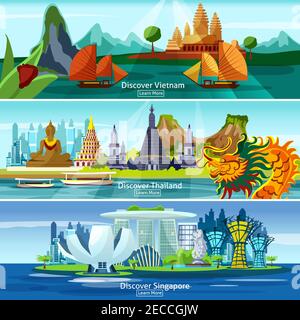 Banner di viaggio asiatici insieme con Vietnam, Thailandia e Singapore panorama isolato vettore illustrazione Illustrazione Vettoriale