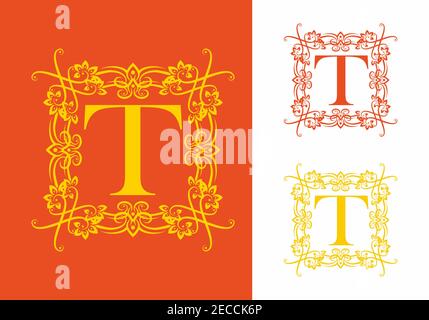 Lettera iniziale T giallo arancione in cornice classica quadrata Illustrazione Vettoriale