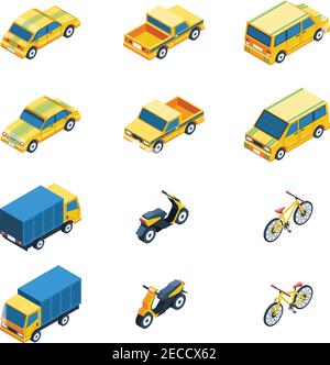 Set isometrico trasporto. Illustrazione del vettore di trasporto. Trasportare elementi isolati.insieme di icone di trasporto. Trasporto significa raccolta. Illustrazione Vettoriale