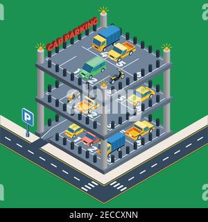 Concetto di parcheggio auto. Edificio per il parcheggio auto. Design del parcheggio. Illustrazione isometrica del parcheggio auto. Vettore parcheggio auto. Illustrazione Vettoriale
