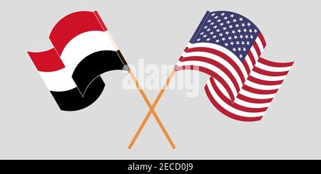 Bandiere incrociate e sventolanti dello Yemen e degli Stati Uniti. Illustrazione vettoriale Illustrazione Vettoriale