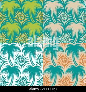 Insieme di motivi vettoriali senza giunture con palme e sole. Illustrazione Vettoriale