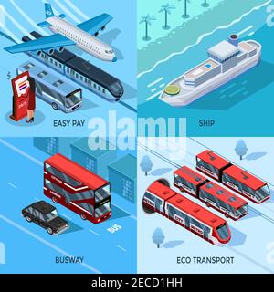 Gruppo di concetto di progettazione 2x2 isometrica per passeggeri e trasporti pubblici di illustrazione vettoriale dell'acqua e del trasporto ecologico tra città Illustrazione Vettoriale