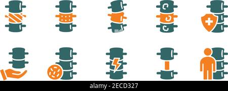 Set di icone colorate della colonna umana. Colonna vertebrale sana, diagnosi di malattia del canale spinale, simbolo del trattamento Illustrazione Vettoriale