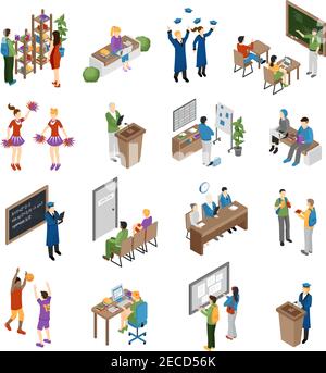 Alunni studenti laureati e insegnanti al college scolastico e all'università illustrazione del vettore isolato del set isometrico Illustrazione Vettoriale