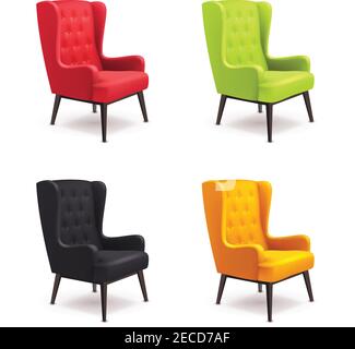 Sedia icona realistica impostare quattro sedie identiche con colori diversi sono morbidi colorati con le gambe di legno illustrazione vettoriale Illustrazione Vettoriale