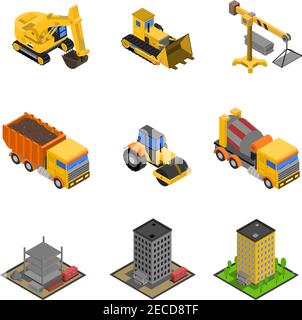 Icone isometriche per la costruzione impostate con l'escavatore dell'asfaltatrice e l'apripista isolati illustrazione vettoriale Illustrazione Vettoriale