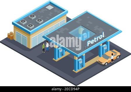 Stazione di servizio di rifornimento autostradale a benzina per il rifornimento di carburante illustrazione vettoriale astratta del poster isometrico di eat and drink Illustrazione Vettoriale