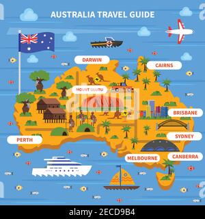 Guida turistica australiana con bandiera dell'oceano e viste piatte illustrazione vettoriale Illustrazione Vettoriale