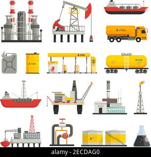 Diversi trasporti costruzioni e fabbriche di petrolio industria benzina icone piatte set isolato vettore illustrazioni Illustrazione Vettoriale