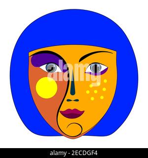 Ritratto di una donna nel moderno stile astratto del cubismo. Capelli blu. Isolated.vector Illustrazione Vettoriale