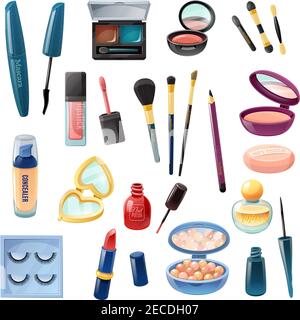 Donna beauty case cosmetici trucco accessori set realistico con unghia illustrazione vettoriale isolata del rossetto e del mascara polacco Illustrazione Vettoriale