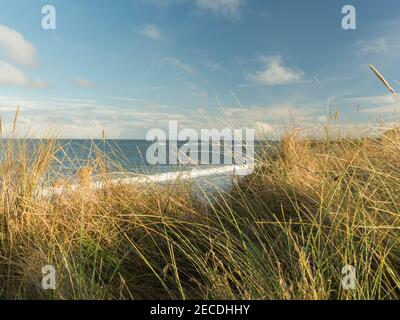 Una vista sulla spiaggia di Kingsborns sul mare del nord ha preso Dal sentiero costiero di fife in Scozia Foto Stock