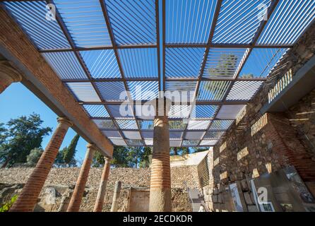 Peristilio del teatro romano di Merida. Uno dei siti archeologici più grandi e estesi d'Europa. Extremadura, Spagna Foto Stock