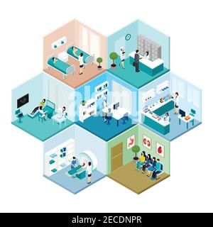 Accoglienza ospedaliera esame e sale d'attesa interni in tessere a nido d'ape esagonale schema di composizione isometrica vettore astratto illus isolato Illustrazione Vettoriale