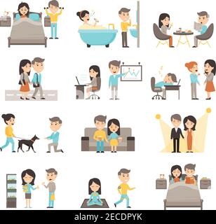 Icone gente insieme di due scene quotidiane di routine dal mattino a illustrazione vettoriale isolata cartone animato sera Illustrazione Vettoriale