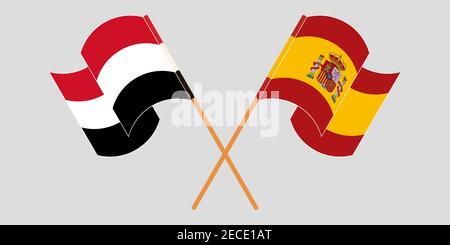 Bandiere incrociate e sventolanti dello Yemen e della Spagna. Illustrazione vettoriale Illustrazione Vettoriale