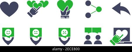 Insieme di icone colorate simili per il feedback. Beneficenza, donazione, revisione dei clienti, social network e altro ancora. Illustrazione Vettoriale