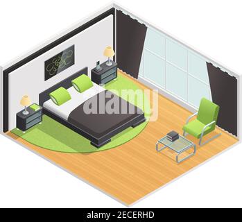 Camera da letto interna con vista isometrica e comodino con letto matrimoniale queen size e l'illustrazione astratta del tappeto verde lime Illustrazione Vettoriale