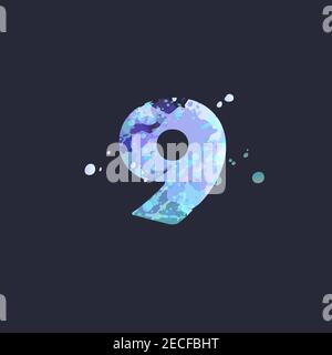 Grassetto numero 9 con effetto di macchie liquide di vernice nei colori blu, bianco, viola su sfondo blu scuro. Elemento decorativo per disegno invernale di un fl Illustrazione Vettoriale